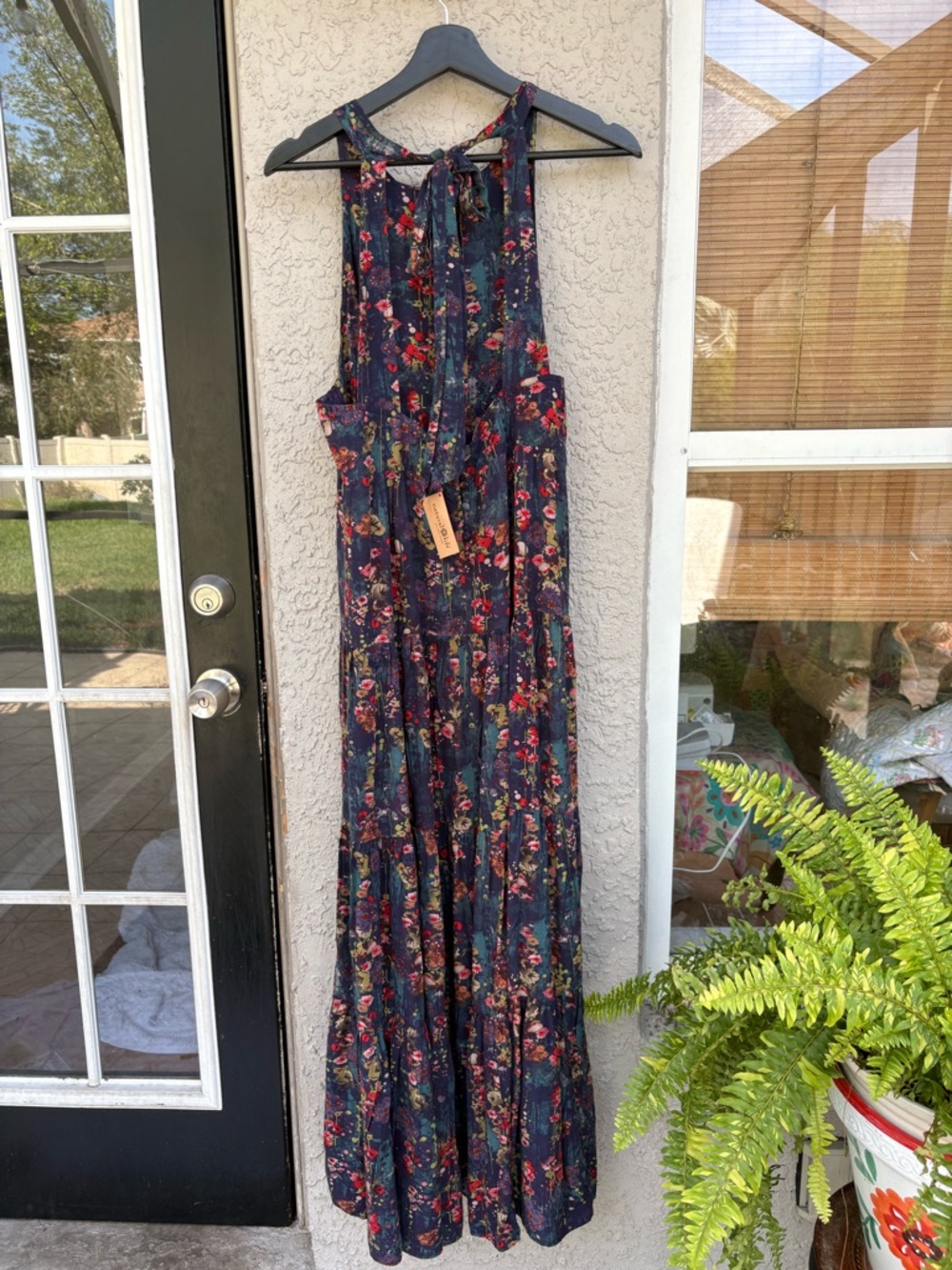 SOLD NATURAL LIFE Navy Floral Tie-Neck Maxi Dress with Red & Pink Blooms